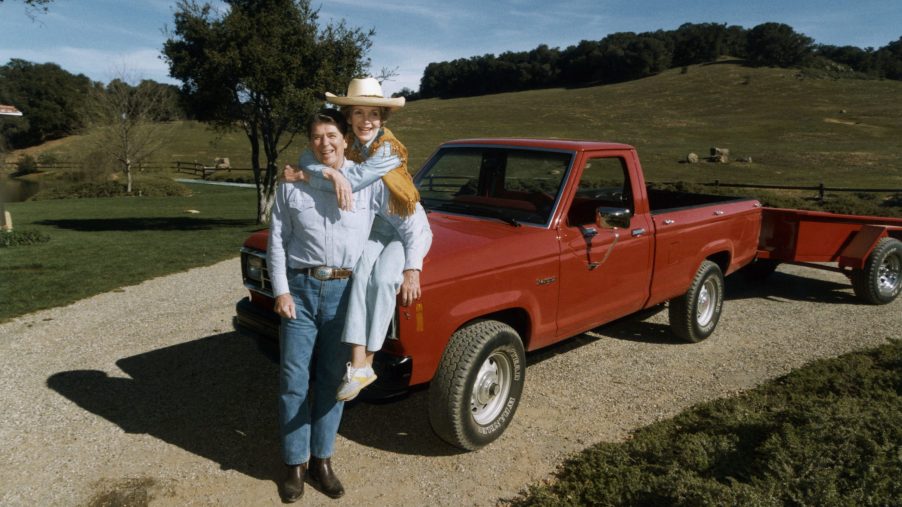 Ronald and Nancy Reagan stand next to their 1995 Ford Ranger