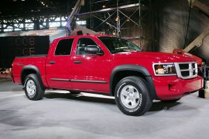 The 2008 Dodge Dakota pickup truck with a red paint color option at the 2007 Chicago Auto Show