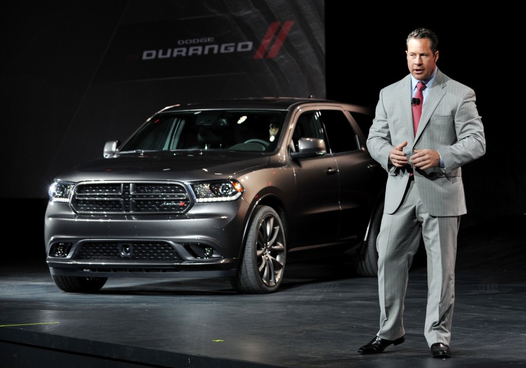 A gray 2014 Durango is displayed at the New York Auto Show
