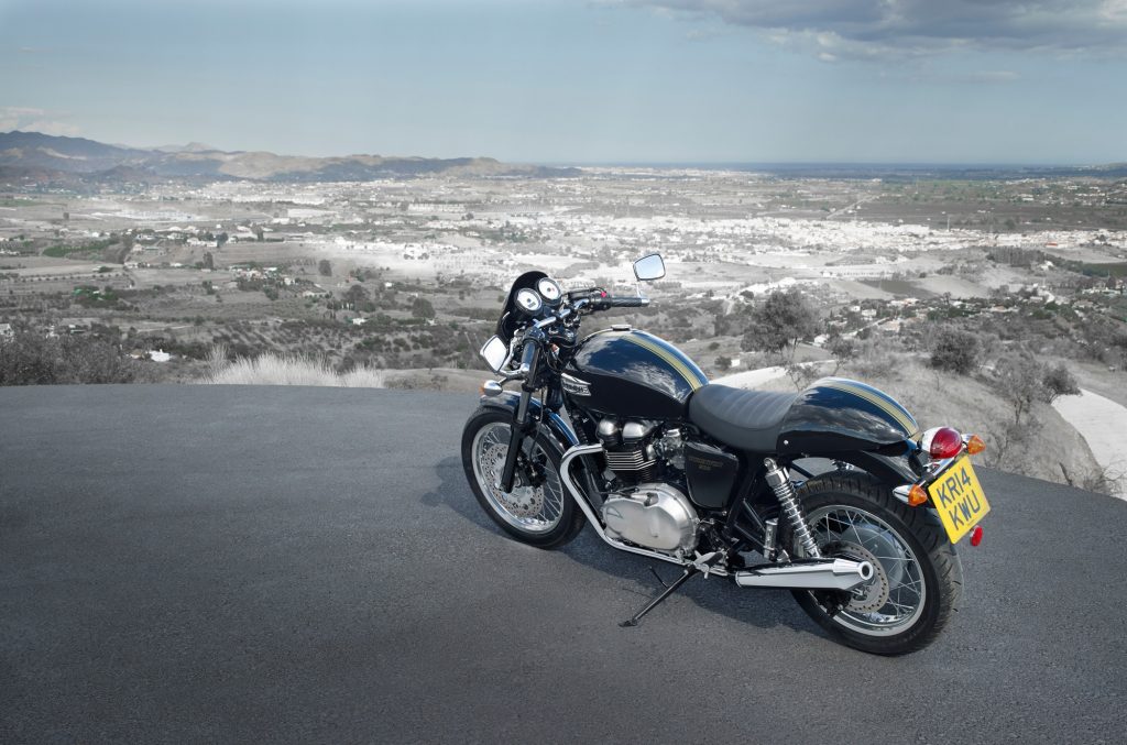 A black-with-gold-stripe 2015 Triumph Thruxton 900 parked on a hill overlooking a desert