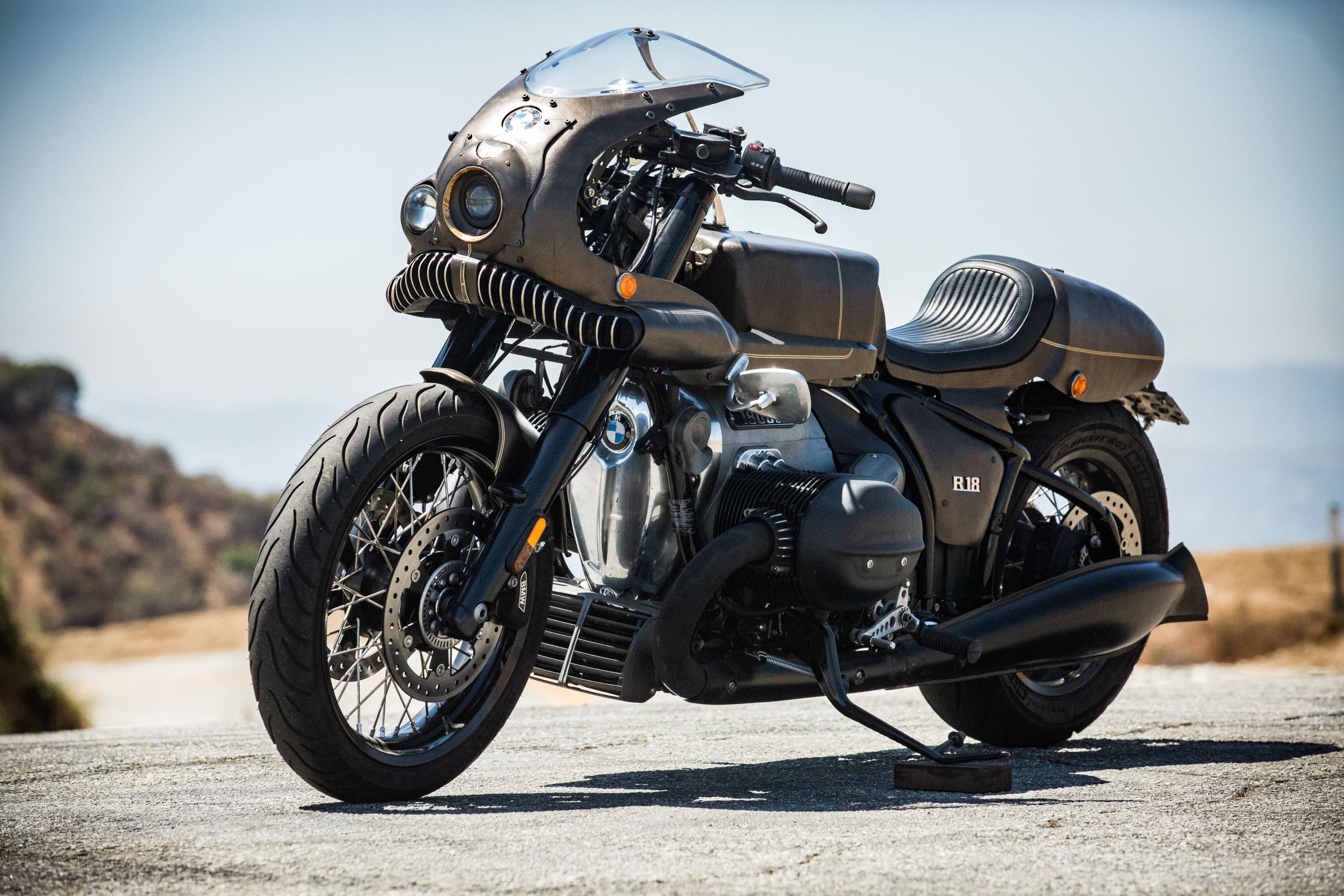 The bronze-and-black 2021 BMW R 18 'The Wal' by Shinya Kimura on a California mountain road