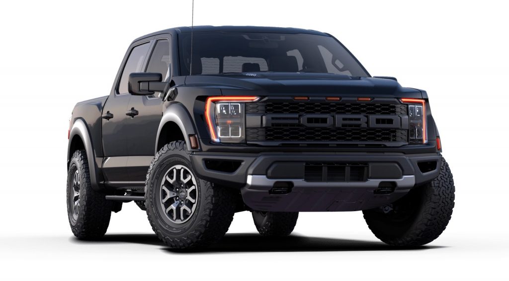 A black 2021 Ford F-150 Raptor against a white background.