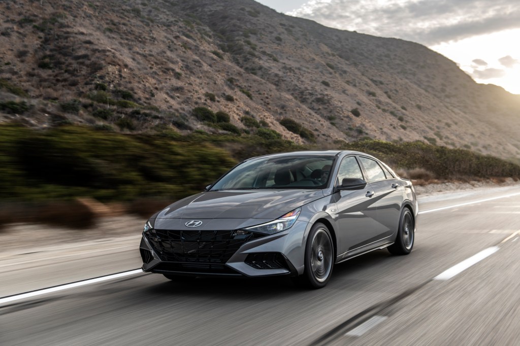 2021 Hyundai Elantra in gray driving in a canyon road
