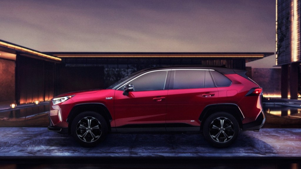 A red 2021 Toyota RAV4 Prime.