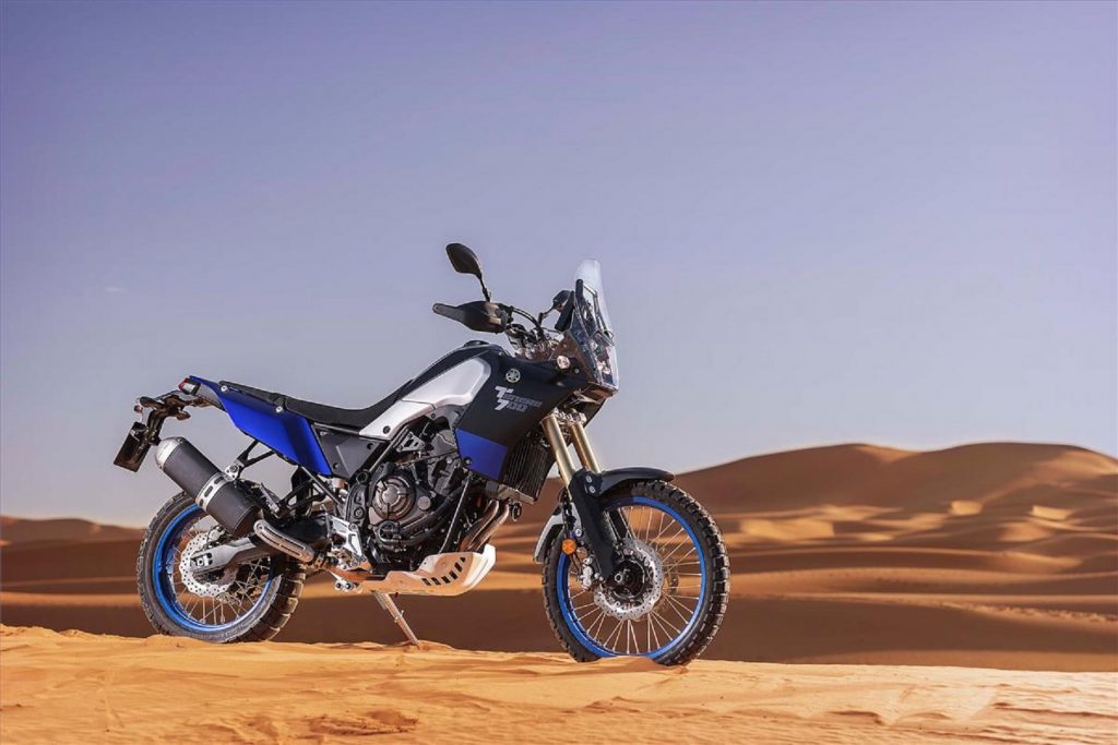 A 2021 Yamaha Ténéré 700 black-silver and blue in the desert