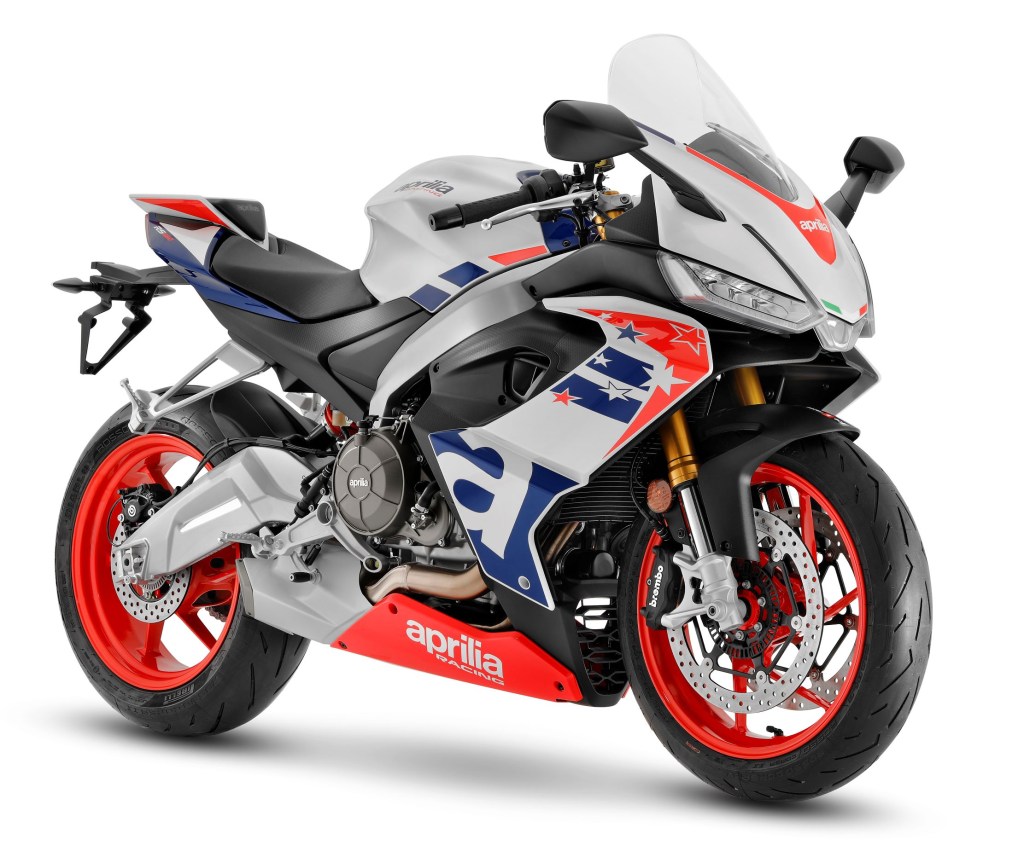 A white-blue-red-and-black 2022 Aprilia RS 660 Limited Edition