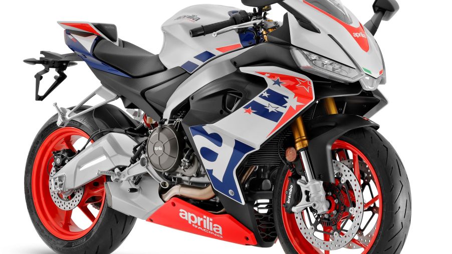 A white-blue-red-and-black 2022 Aprilia RS 660 Limited Edition