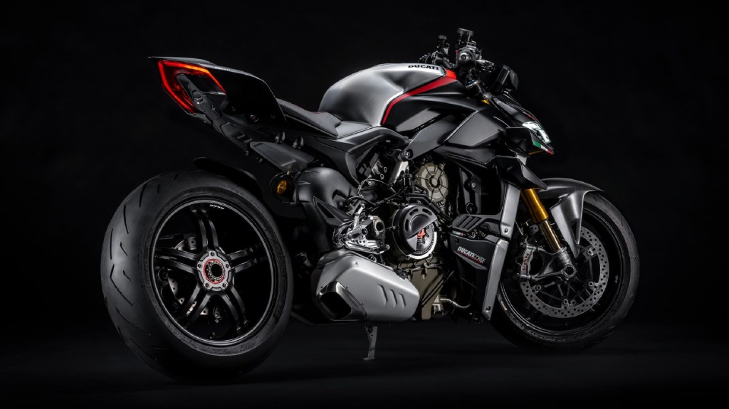 The side 3/4 view of a gray-and-black 2022 Ducati Streetfighter V4 SP