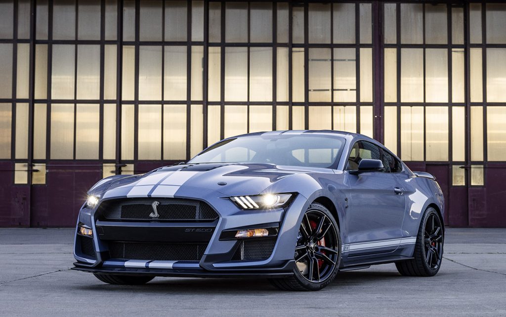 2022 Ford Mustang Shelby GT500 Heritage edition shown here in Brittany Blue with white racing stripes