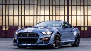 2022 Ford Mustang Shelby GT500 Heritage edition shown here in Brittany Blue with white racing stripes
