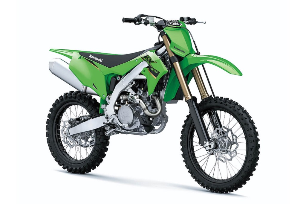 A green-and-black 2022 Kawasaki KX 450 4-stroke dirt bike