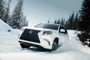 The 2022 Lexus GX full-size luxury SUV with a white paint color option driving through snow in a forest surrounded by snowcapped pine trees