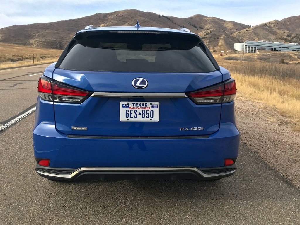 2022 Lexus RX 450h F Sport rear head on shot for full review
