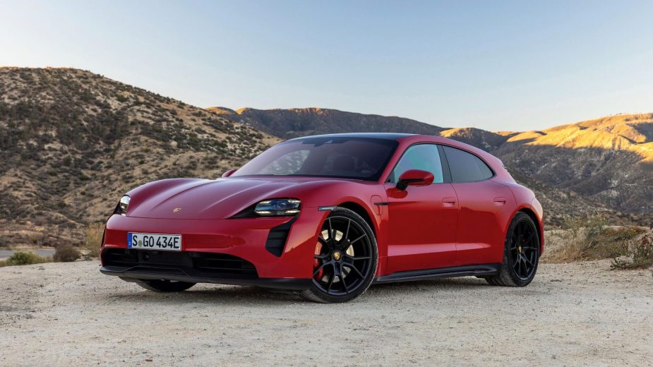 A red 2022 Porsche Taycan GTS Sport Turismo in the LA canyons