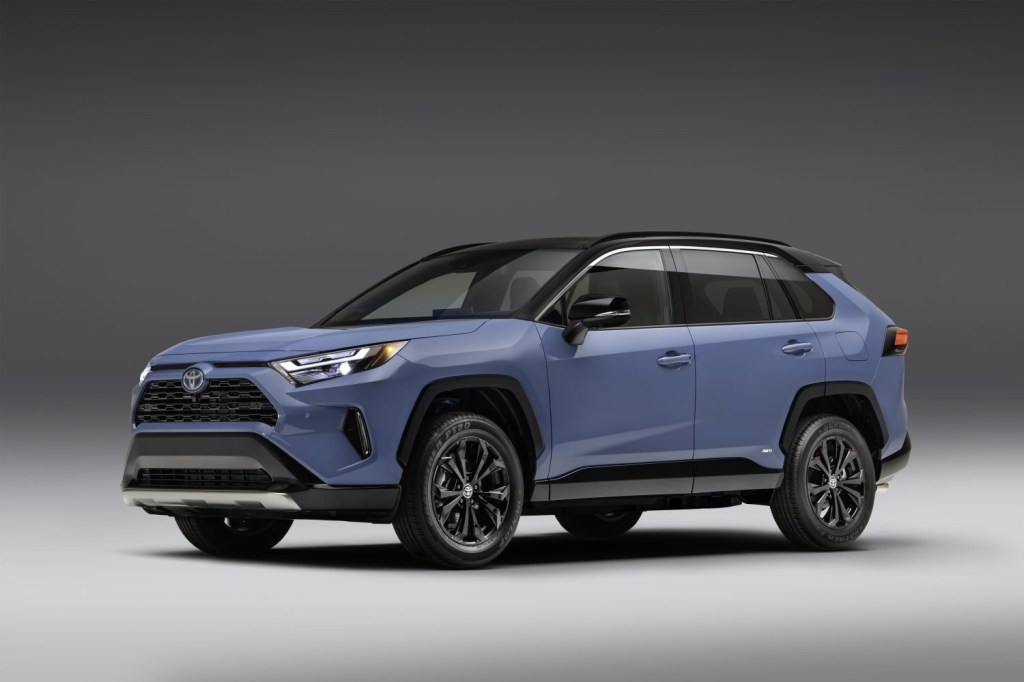 A blue 2022 Toyota RAV4 against a gray background.