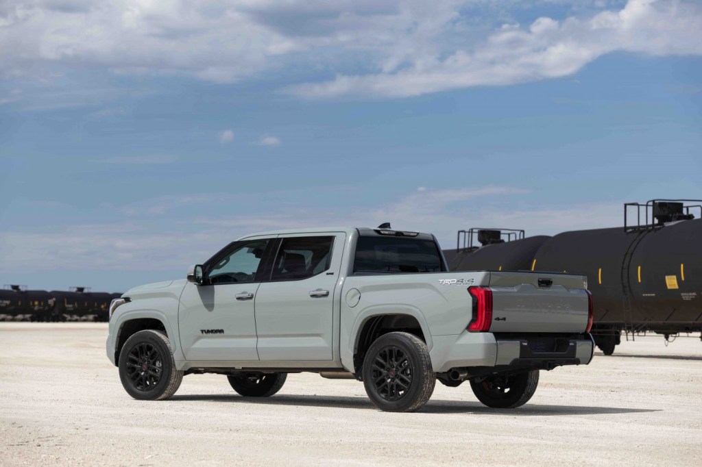 This is a gray 2022 Toyota Tundra SR5. The SR5 has one of the lowest Toyota Tundra prices. | Toyota