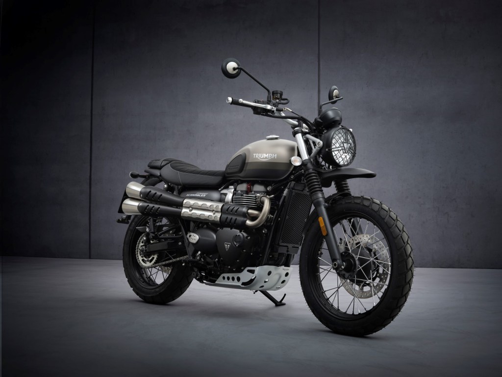 A brown-gray-and-black 2022 Triumph Street Scrambler Sandstorm Edition