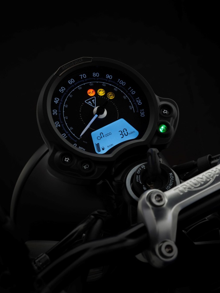 A close-up view of the gauge and LCD screen on a 2022 Triumph Street Twin
