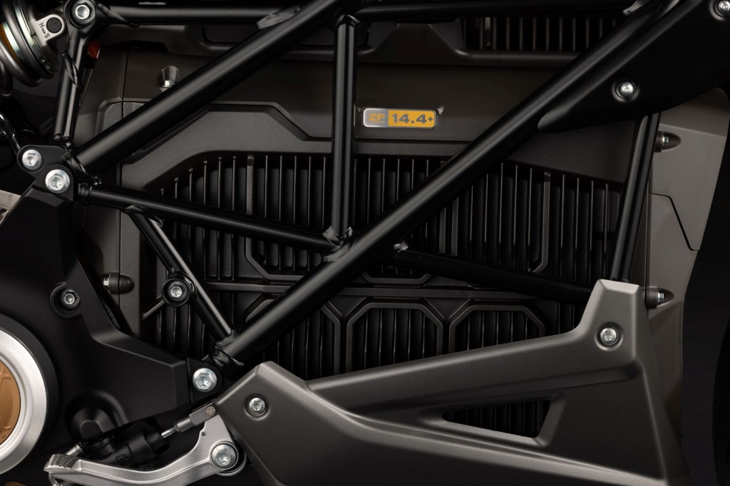 A close-up view of the ZF14.4+ battery pack in a black 2022 Zero SR