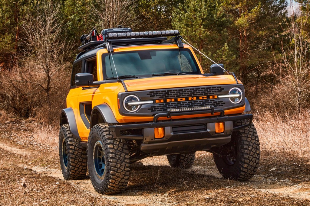 The 2021 Ford Bronco on a dirt road