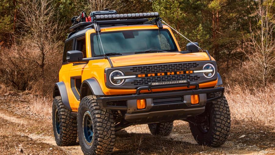 The 2021 Ford Bronco on a dirt road