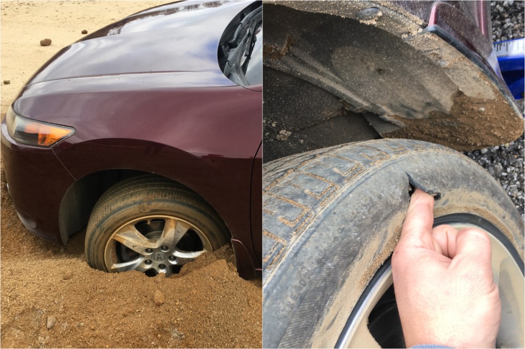 2012 Acura TSX stuck in the dirt with a flat tire