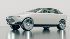 A white futuristic-looking vehicle against a white background.