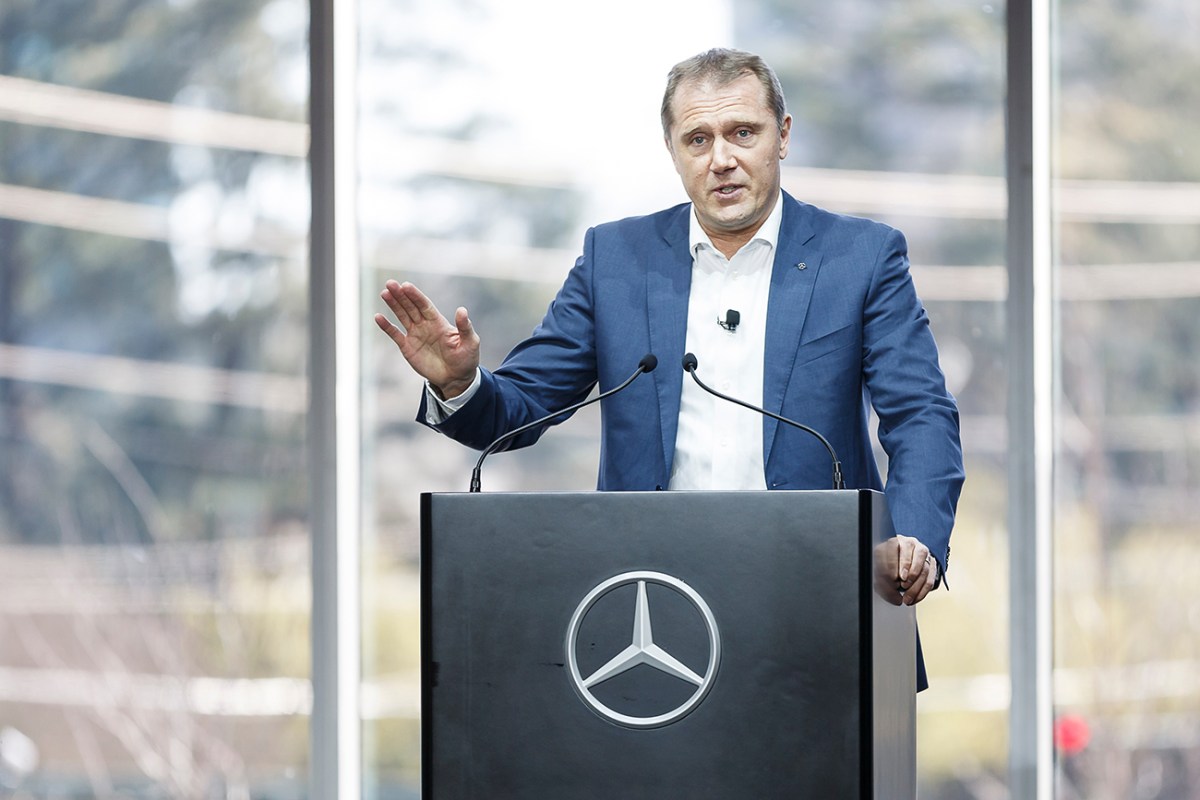 Axel Harries, Vice President, Product Management & Sales, MB Passenger Cars, speaks during the opening of the new Mercedes-Benz USA corporate headquarters. Mercedes-Benz USA just announced that they will enact a coronavirus vaccine mandate for all of its U.S. employees