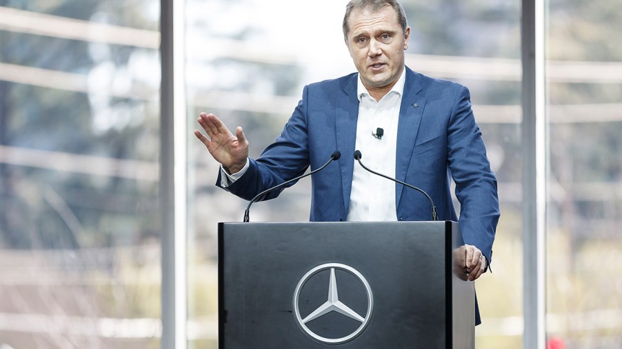 Axel Harries, Vice President, Product Management & Sales, MB Passenger Cars, speaks during the opening of the new Mercedes-Benz USA corporate headquarters. Mercedes-Benz USA just announced that they will enact a coronavirus vaccine mandate for all of its U.S. employees