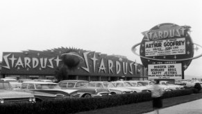 This is a photo of 1960s Las Vegas. Many travelers looking for cheap 24-hour bathrooms and security like to camp in casino parking lots. | Erich Andres/United Images via Getty Images