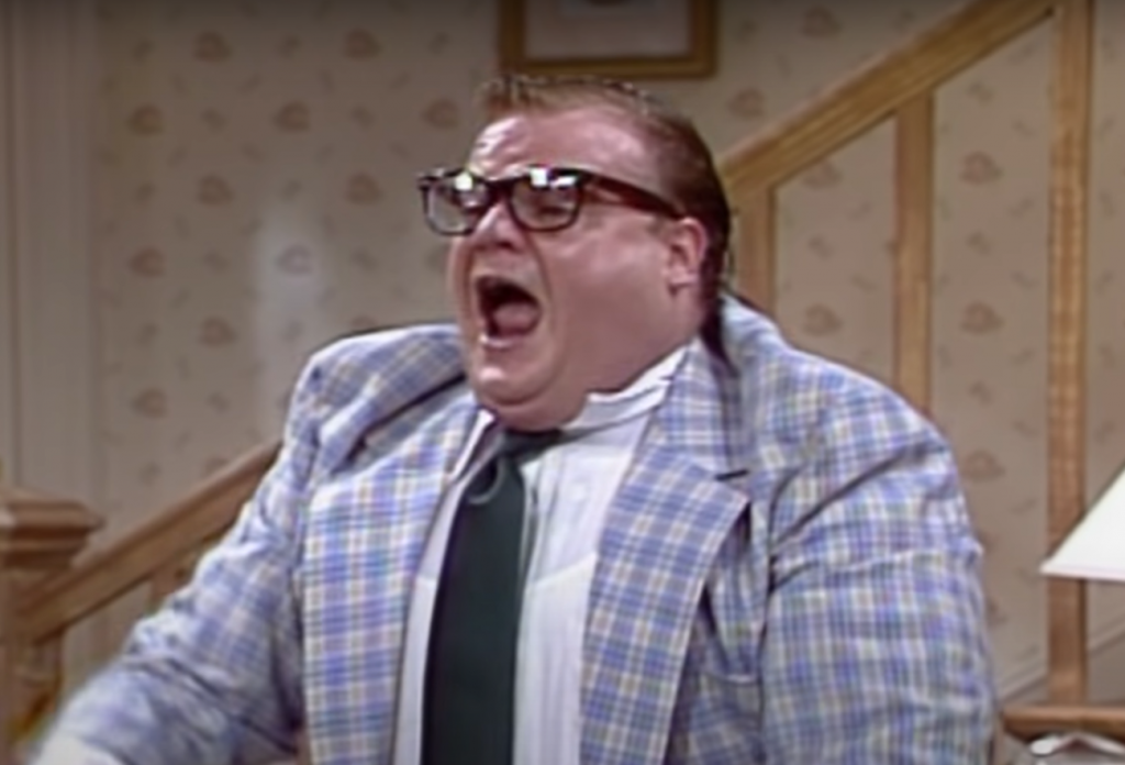 Chris Farley as Matt Foley character in SNL sketch talking about living and sleeping in a van down by the river