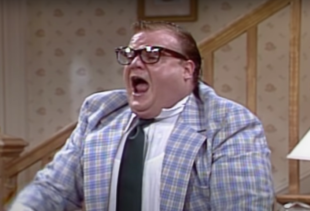 Chris Farley as Matt Foley character in SNL sketch talking about living and sleeping in a van down by the river