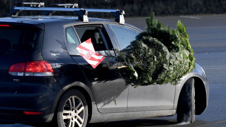 Christmas tree that wasn't safely tied falls off the roof of a blue Volkswagen car