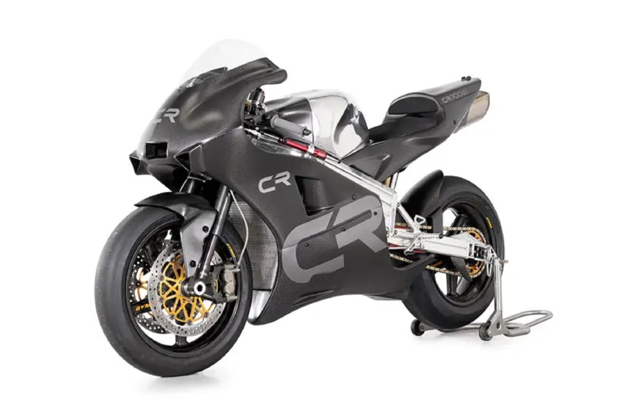 The carbon-fiber-bodied Crighton CR700W on a rear-wheel stand