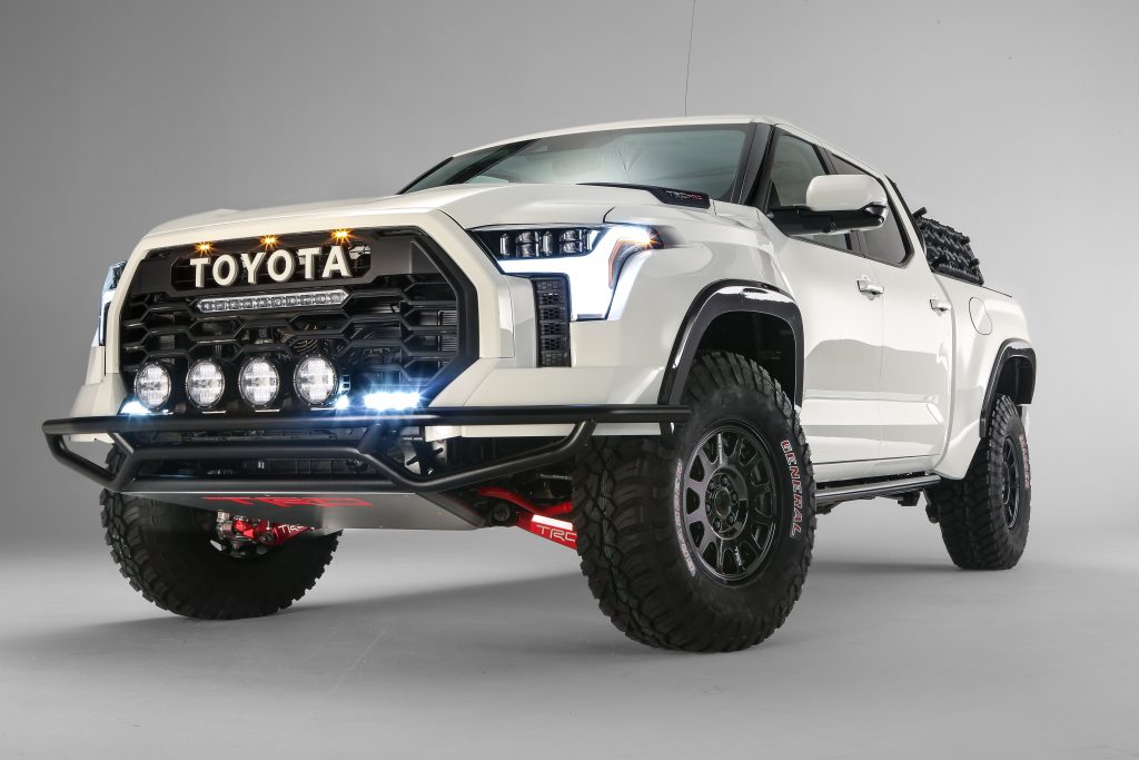 A white Toyota Tundra Desert Chase truck from SEMA 2021 with a white background