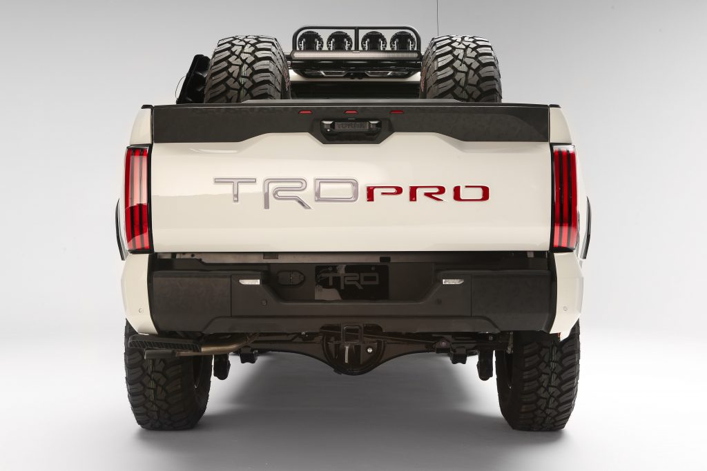 A white Desert Chase 2022 Toyota Tundra TRD Pro rearview with a white background