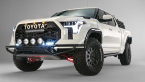 A white Toyota Tundra Desert Chase truck from SEMA 2021 with a white background