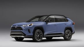 Driver's side front angle view of 2022 RAV4 XSE with Cavalry Blue color option