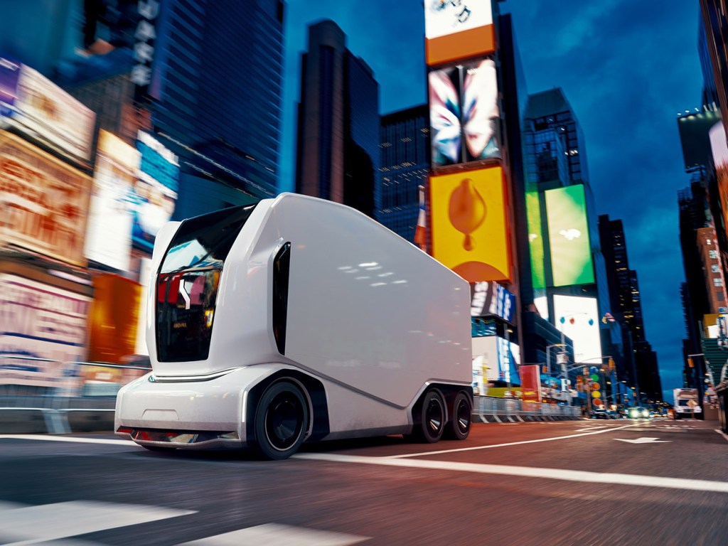 The Einride Pod autonomous delivery vehicle driving on the streets of New York. Einride specializes in autonomous vehicles and self-driving delivery trucks