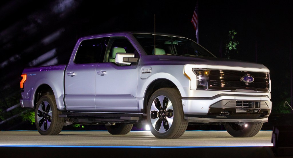 A gray 2022 Ford F-150 Lightning is on display.