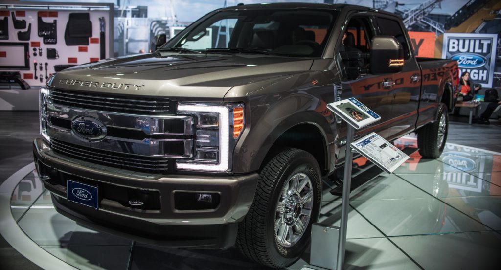 A brown Ford Super Duty F-350 is on display during North American International Auto Show.