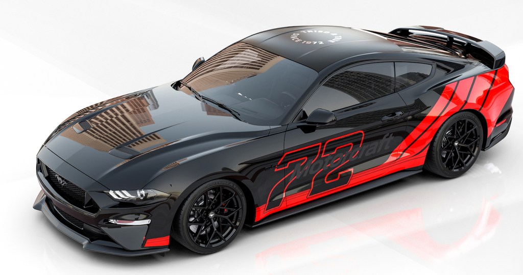 This is a computer render of M2 Motoring's Mustang GT race car build. The Ford Mustang sports car won car of the year at SEMA 2021. | Ford