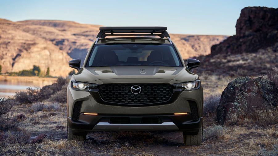 Front view of Zircon Sand 2023 Mazda CX-50, with info on the release date, price, and specs