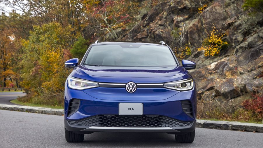 Front view of blue 2022 Volkswagen ID.4 crossover EV