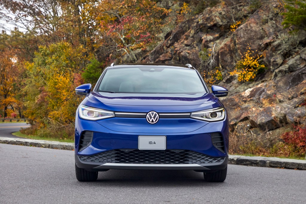 Front view of blue 2022 Volkswagen ID.4 crossover EV