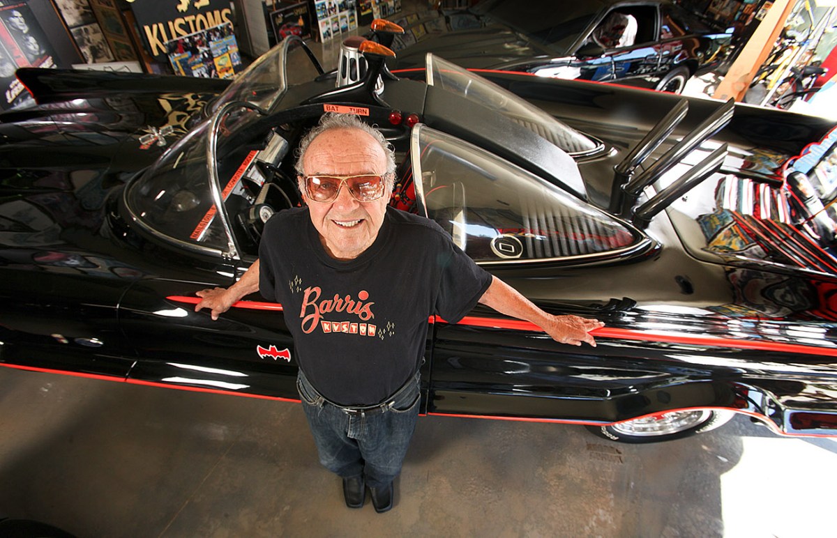 Car customizer George Barris posing with the 1966 Batmobile. In the early 2000s Barris attempted to purchase the Fast and Furious Toyota Supra