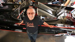 Car customizer George Barris posing with the 1966 Batmobile. In the early 2000s Barris attempted to purchase the Fast and Furious Toyota Supra