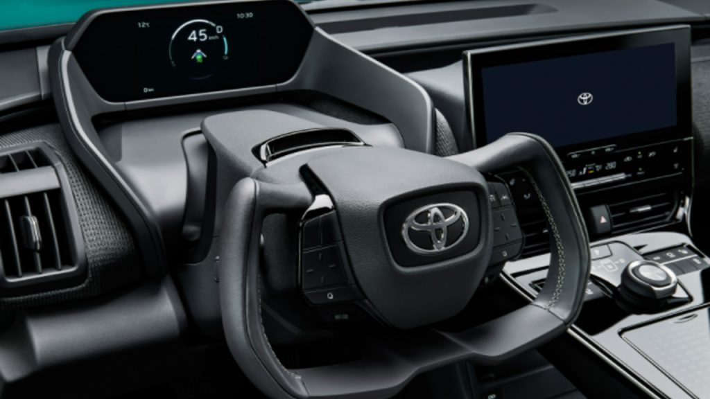 The interior of a Toyota bZ4X electric SUV. 