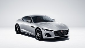 Silver 2022 Jaguar F-Type in a studio environment on a white background.