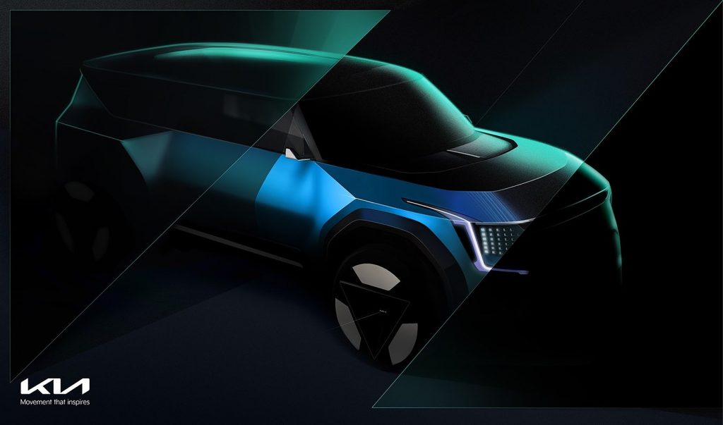 The Kia EV9 electric SUV concept photo is displayed from Kia's online teaser. It will be officially revealed November 17.